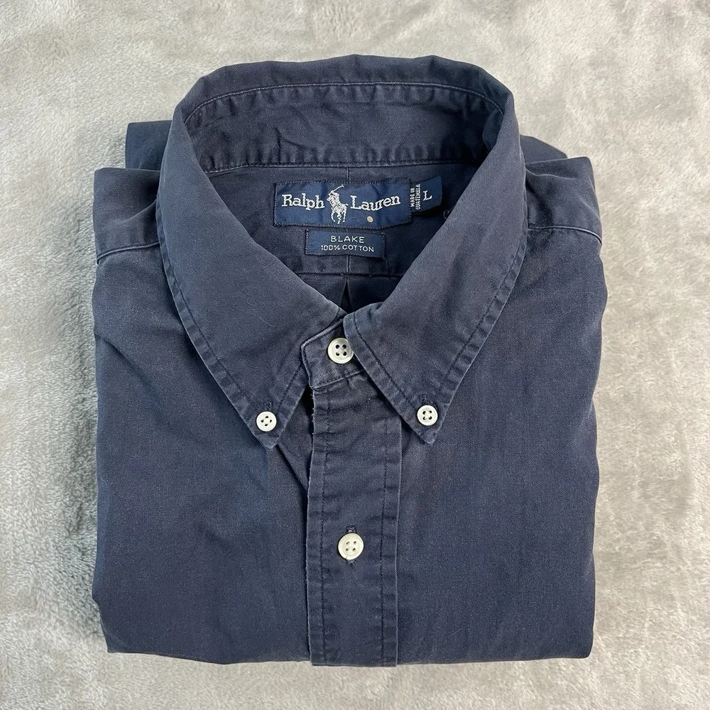 Ralph Lauren Blake Button Front Shirt Navy Logo Mens Large Long Sleeve Cotton